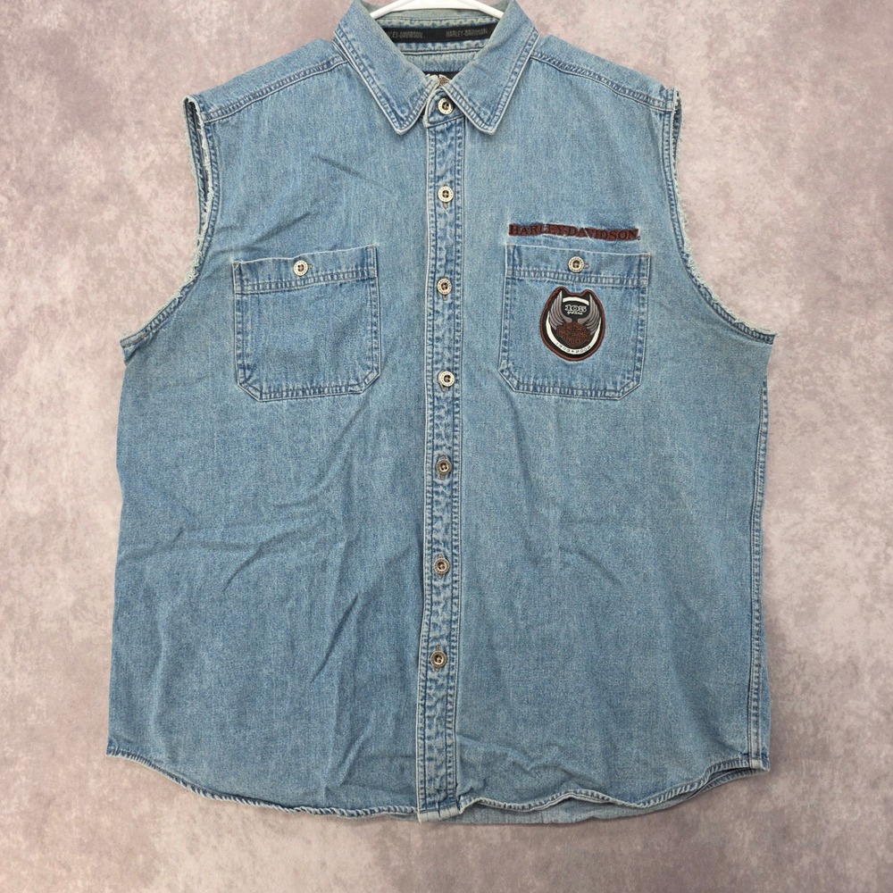 Harley-Davidson 105th Anniversary Sleeveless Denim Shirt Mens XL Blue Biker Vest